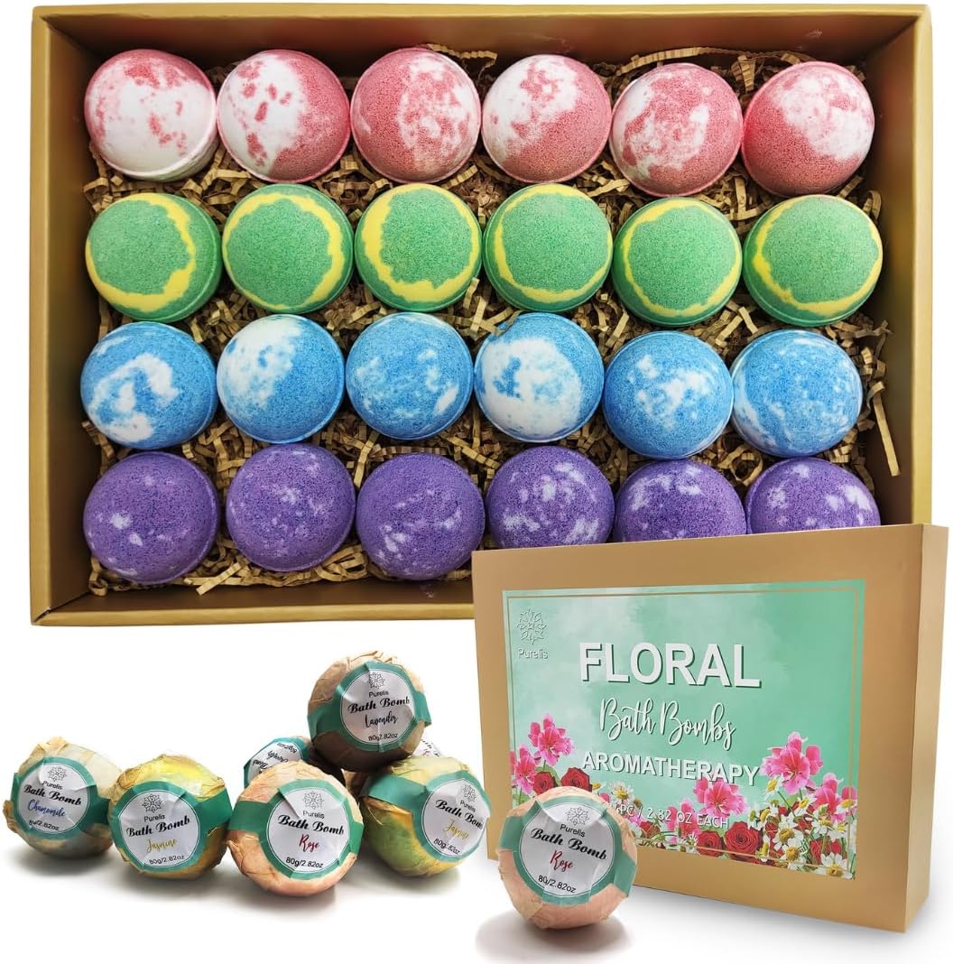 Floral Essential Oil Bath Bombs for Women. 24 Moisturizing Bath Bombs Gift Set - Best Holiday Gift for Mom, Wife, Friends!