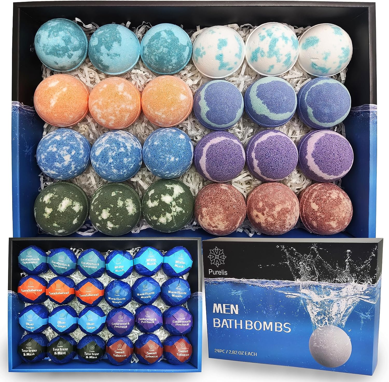 Purelis Men's Luxurious 24-Pack Natural Shea Butter Bath Bombs for Men