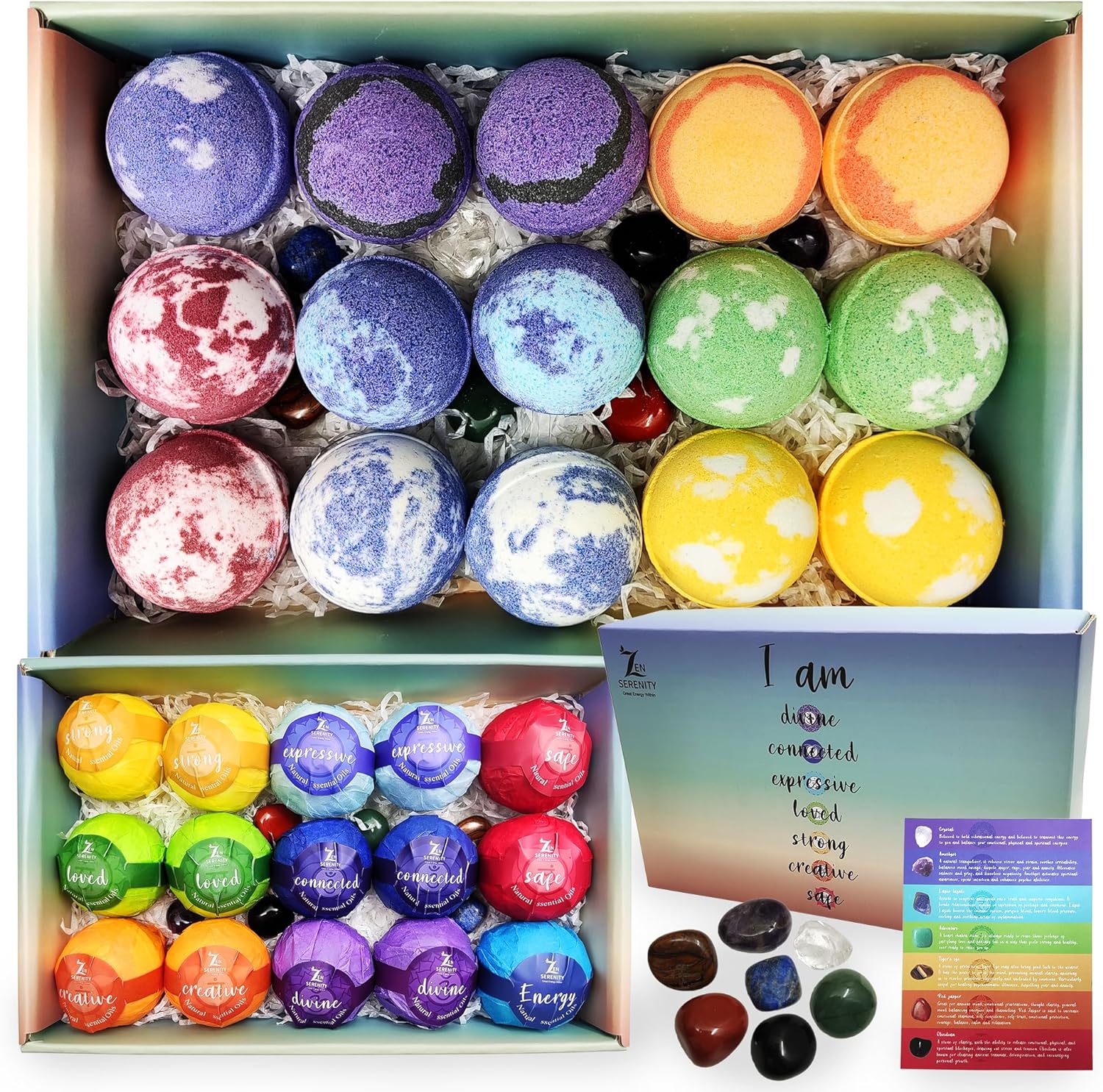 Chakra Healing Gemstones Bath Bombs. 15 Essential Oil Bath Bombs and 7 Chakra stones. Perfect for Yoga Lovers. Meditation, Balancing, Positive Energy, Sleep, Reiki & Yoga Lovers