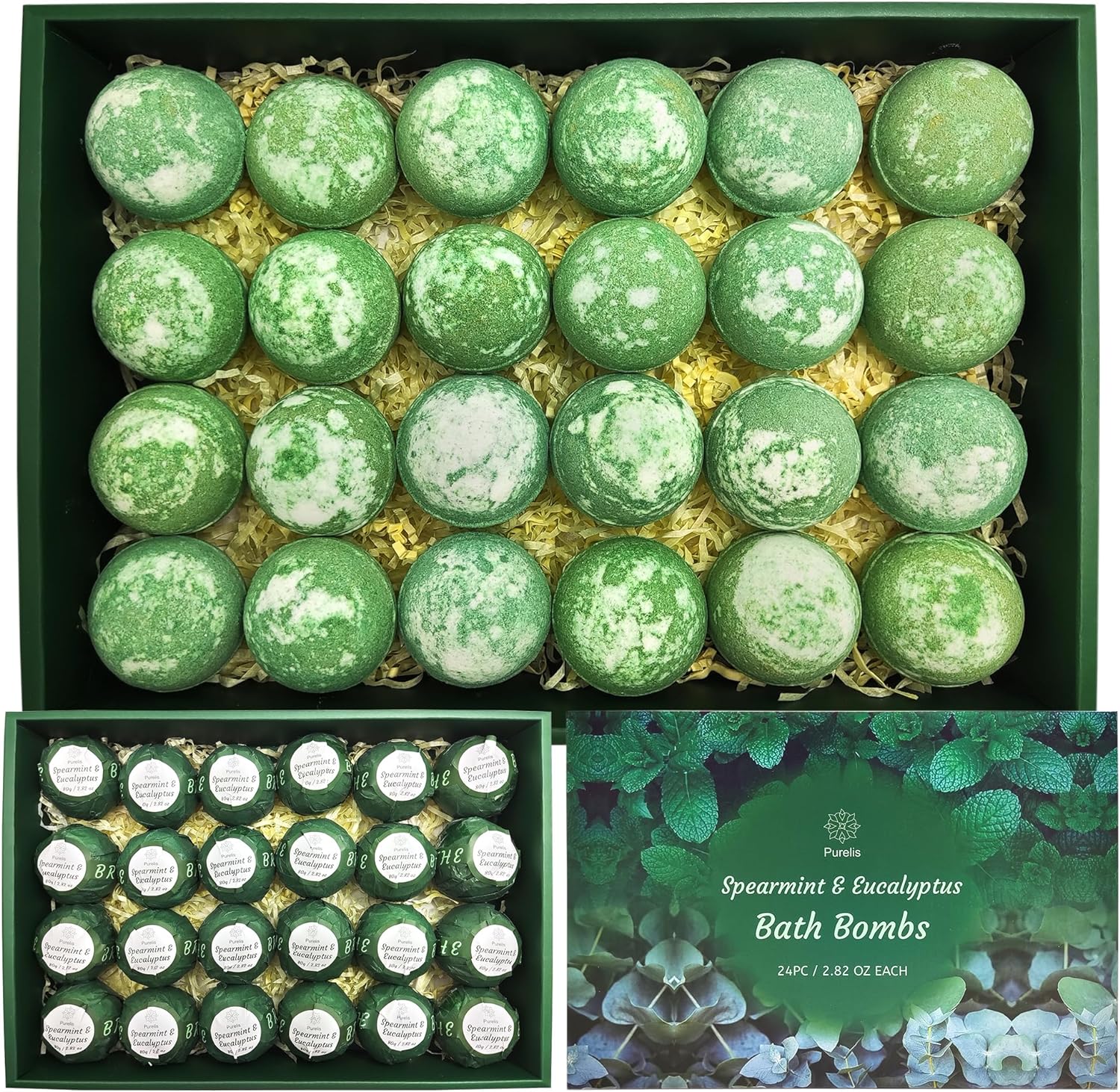 Purelis 24-Pack Spearmint & Eucalyptus Bath Bombs - Natural Moisturizing Aromatherapy Bath Bombs for Men and Women