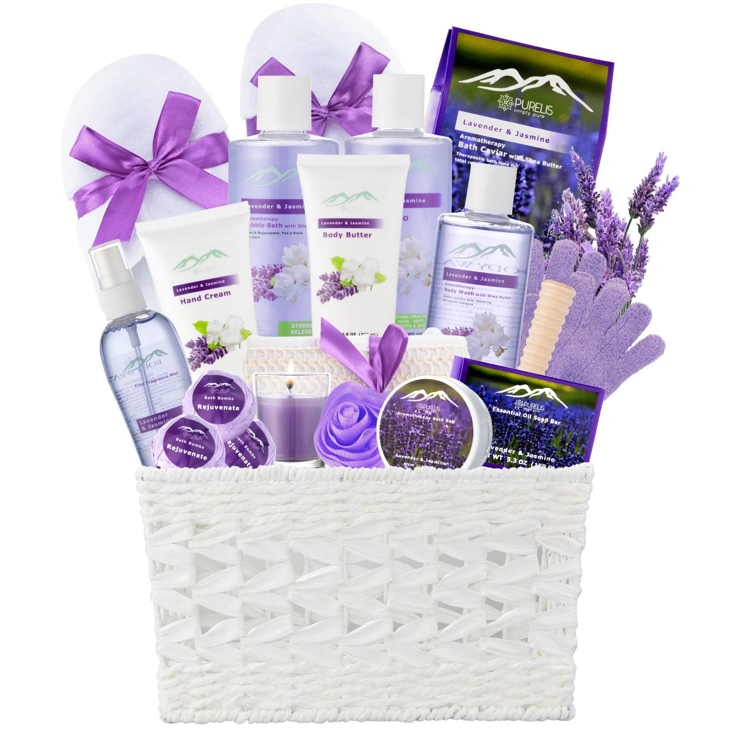 Jasmine Lavender Bath Gift Basket for Women! XL Spa Gift Basket for Relaxing at Home Spa Kit. Purelis Aromatherapy Bath Sets for Women are the #1 Choice in Spa Baskets and Womens Gift Baskets - ardenorganics.com