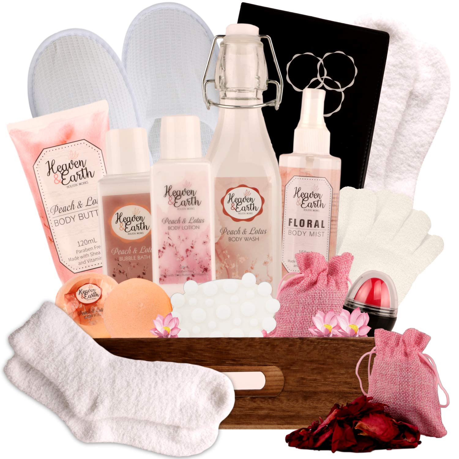 Peach Lotus 18-Piece Spa Bath & Body Gift Basket with Journal and more!