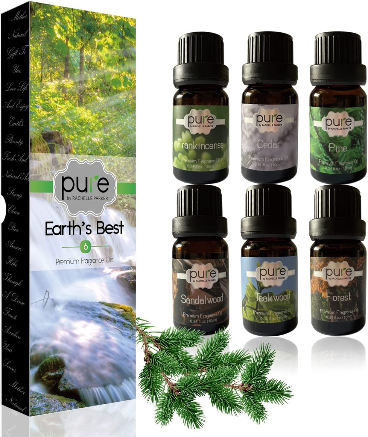 Earth Fragrance Oils by Pure - Set of 6 Premium Grade Scented Oils - Frankincense, Teakwood, Pine, Cedar, Sandalwood, Forest 10 ml each