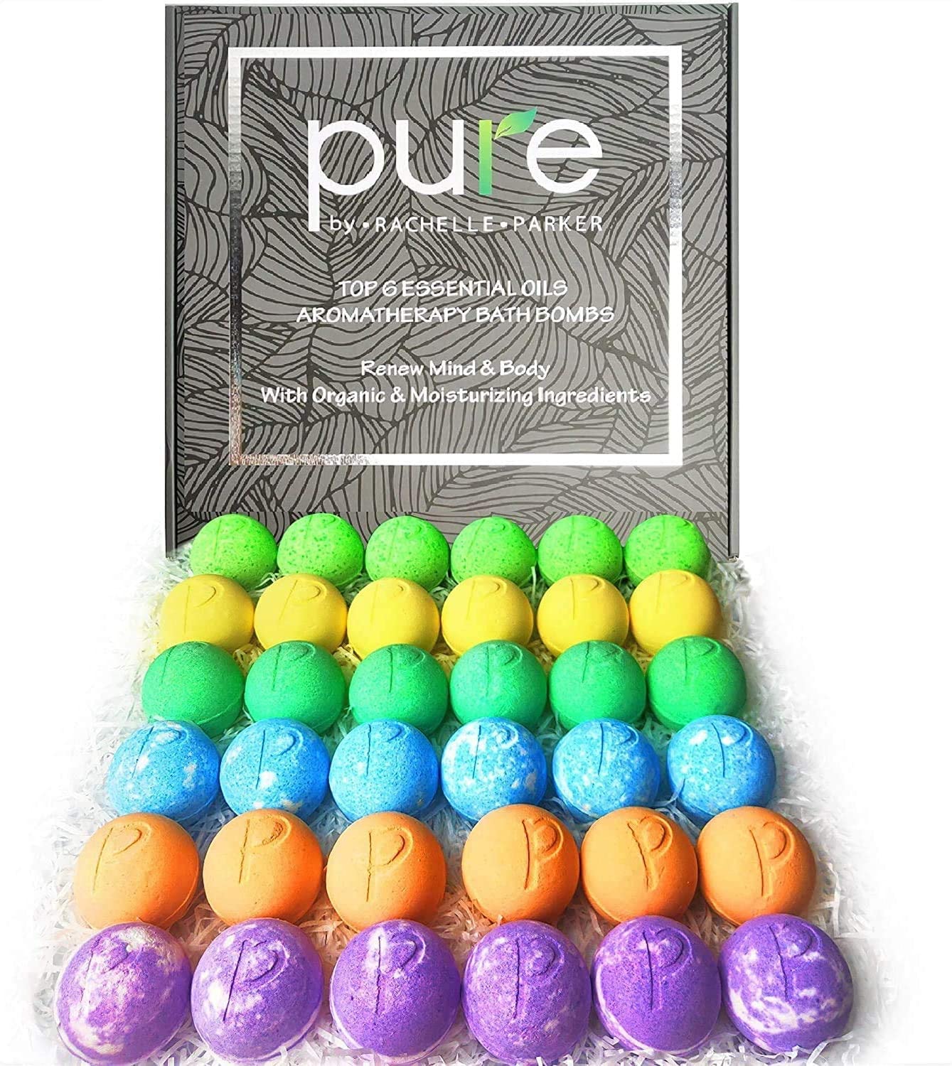 36 Bath Bombs Gift Set. Top 6 Essential Oils Bath Bomb Set for Women Men & Kids. Natural & Organic Ingredients- Lemongrass Orange Peppermint Tea Tree Eucalyptus & Lavender Essential Oil Bath Bombs