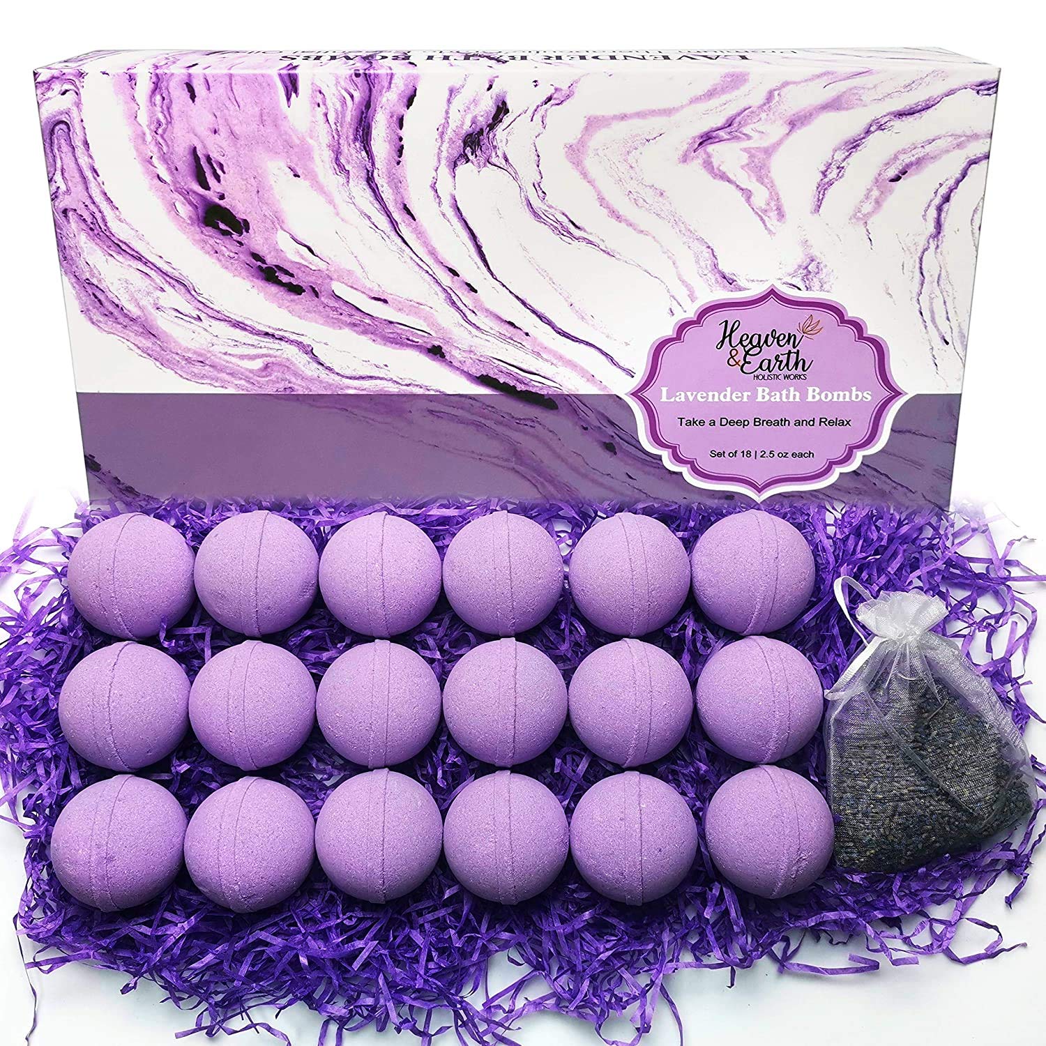 Lavender Bath Bombs Gift Set. 18 Lavender Bath Bombs Bulk with Essential Oils. Relaxing Bath Bombs Individually Wrapped with Organic Ingredients. With Gift Card