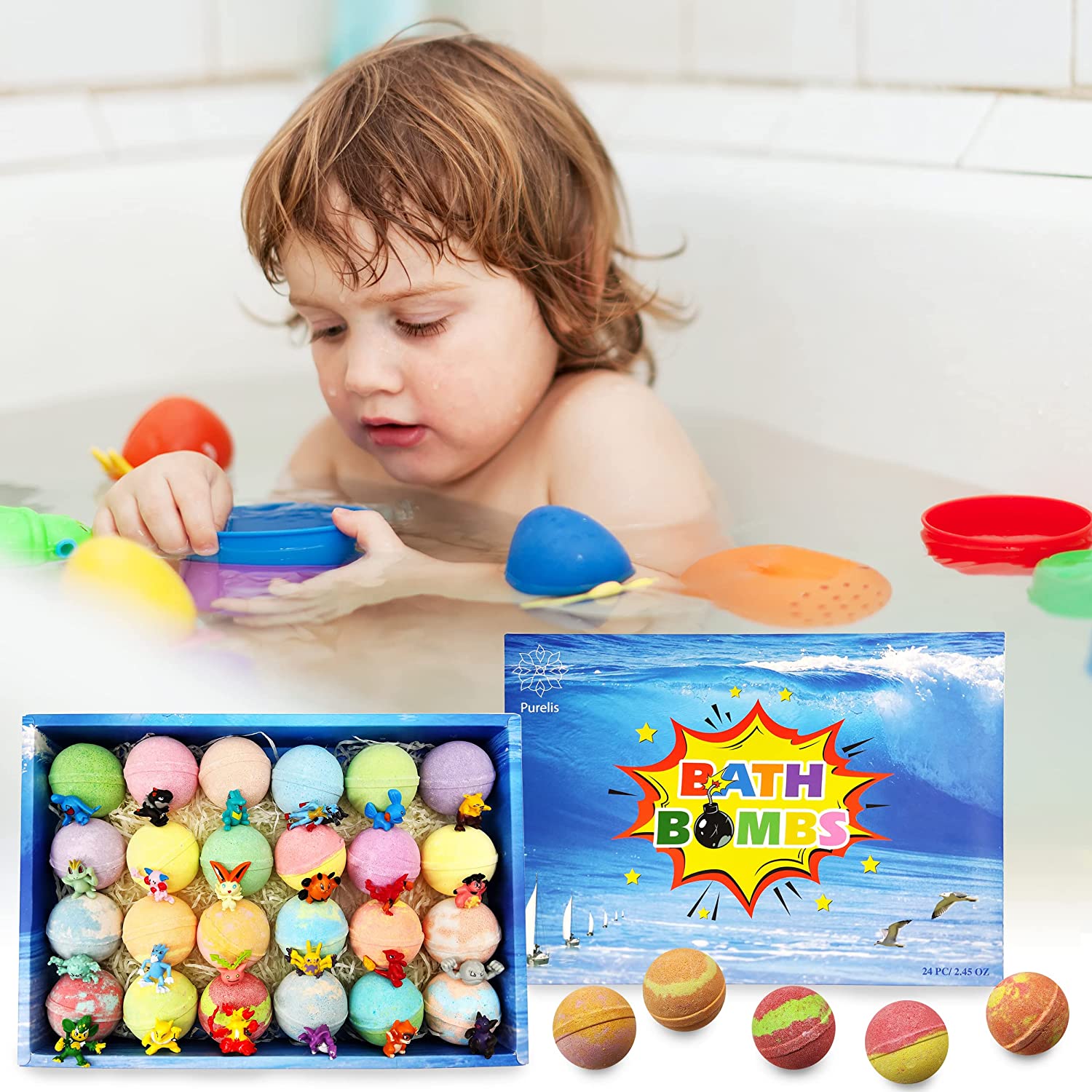 Kids 24 Natural Bath Bombs and Toys Gift Set for Boys and Girls. Gentle Kid Friendly Ingredients. Great for Birthdays!