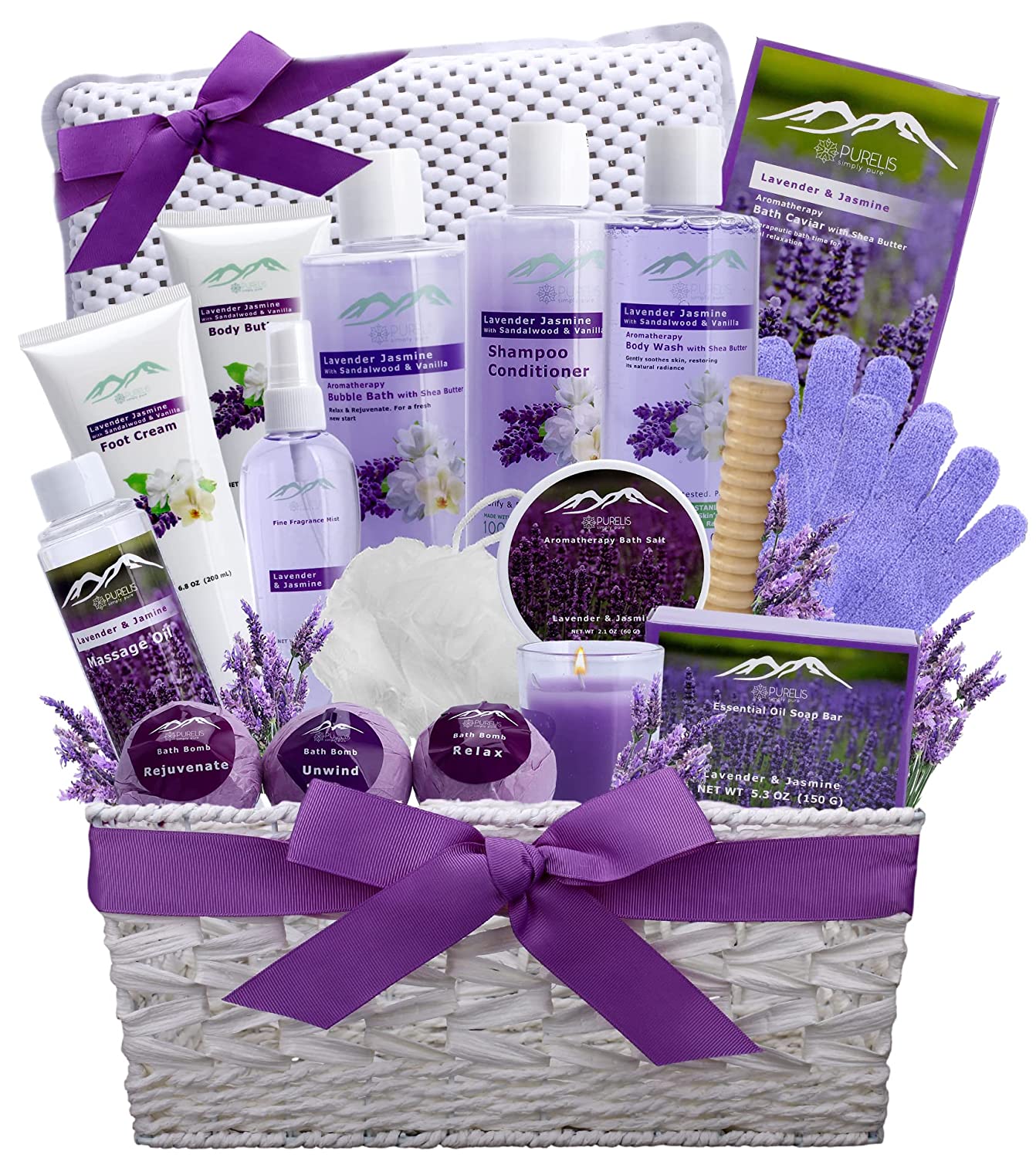 Deluxe Lavender & Jasmine 18-Piece Bath & Body Gift Set Spa Basket with Bath Pillow
