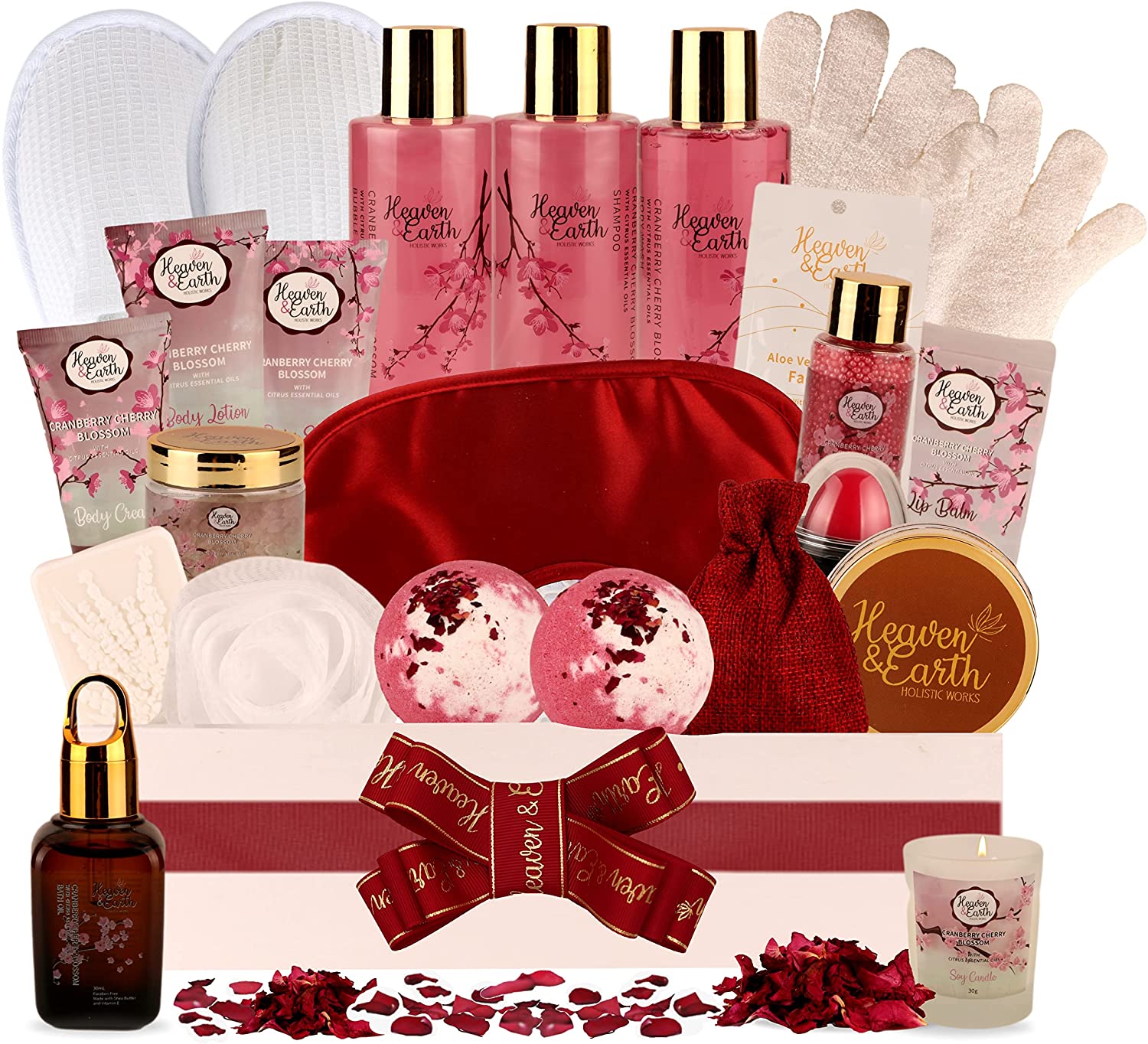 Cranberry & Cherry Blossom 25-Piece Spa Gift Basket. Luxurious Natural Bath Gift Set Holiday Gift Basket