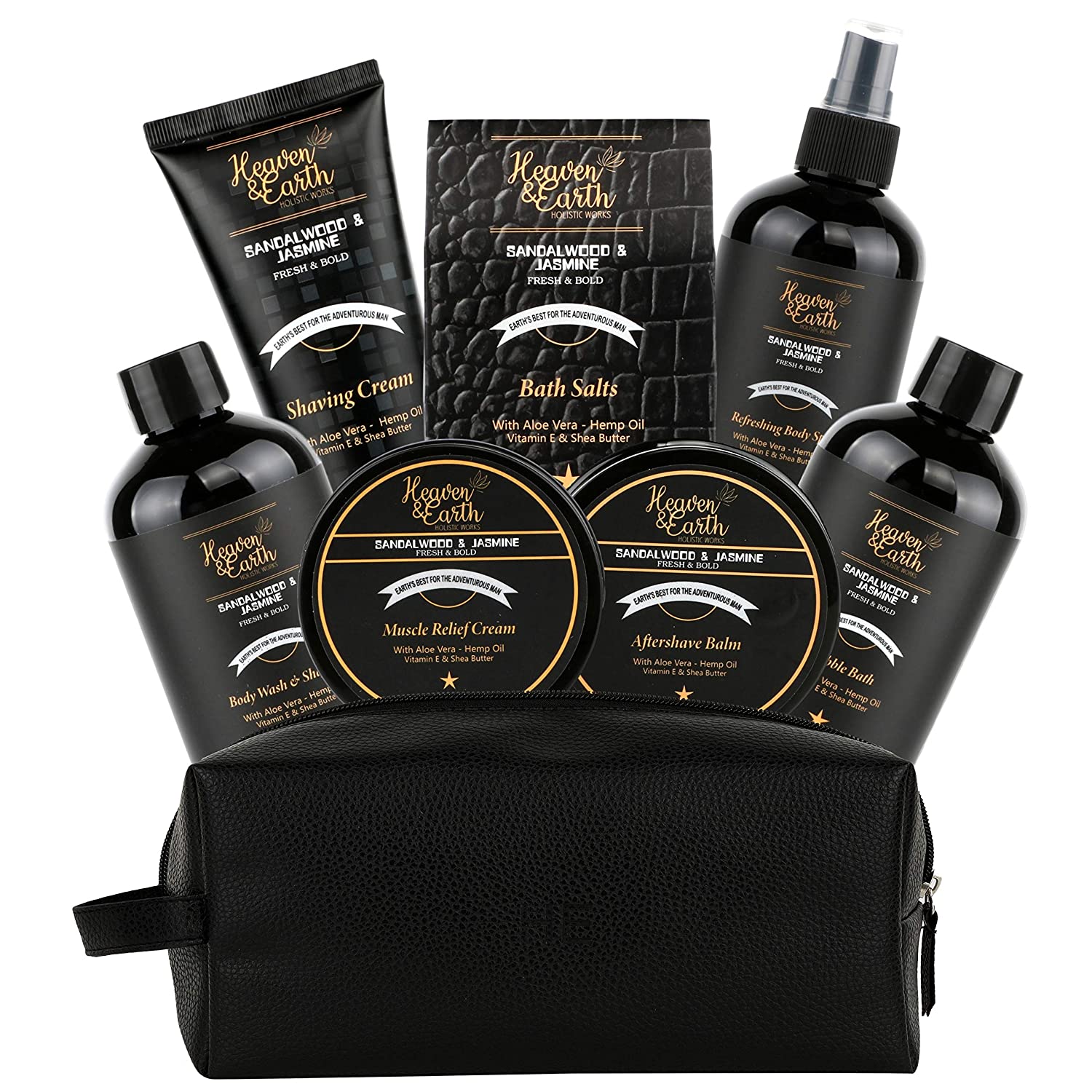 Christmas Grooming Gift For Men Natural Sandalwood Jasmine Bath & Body Set - Luxury Shaving, Skincare, Beard & Bath Self-Care Kit Tote