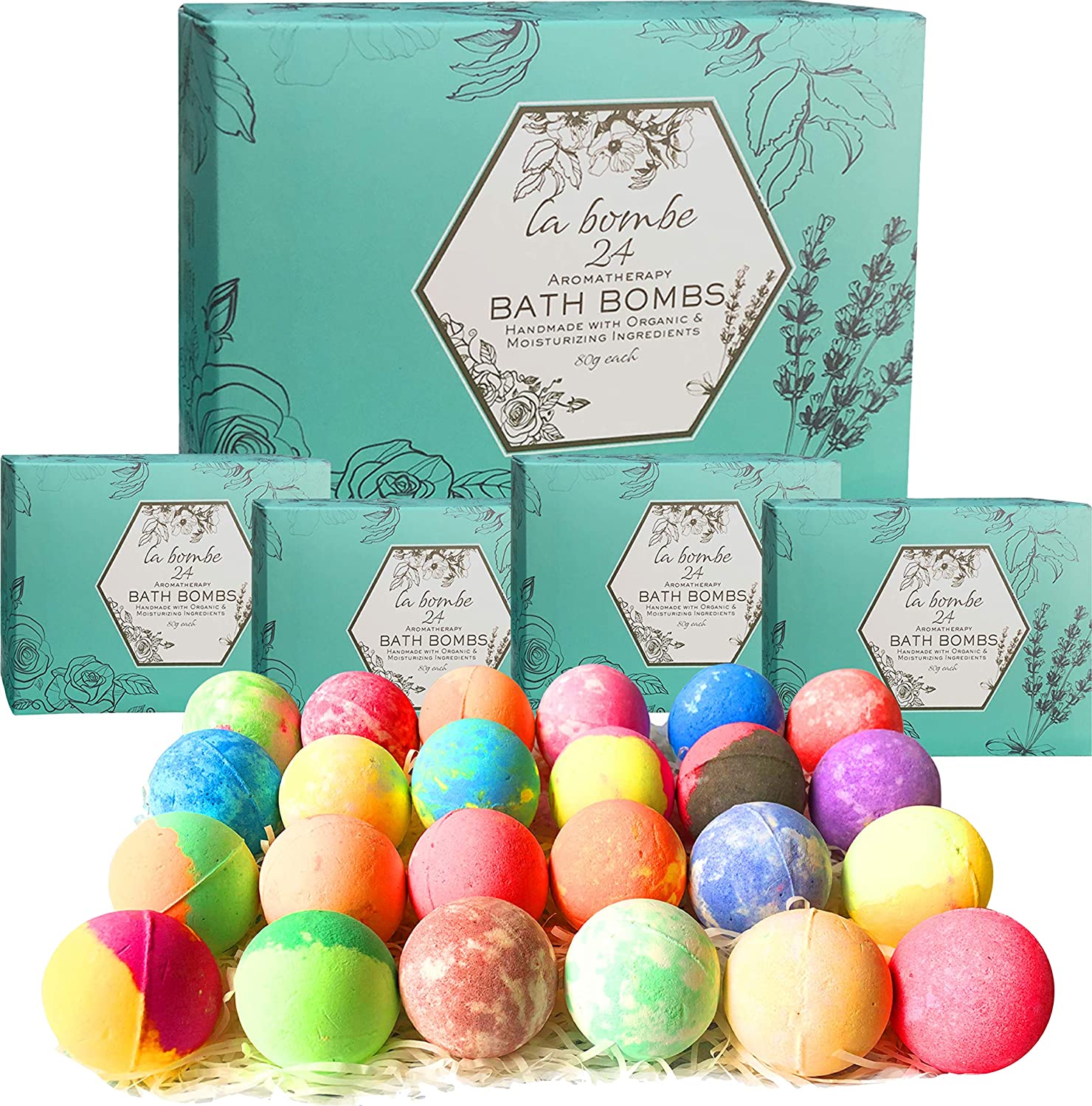 La Bombe Natural Bath Bombs Gift Set. 24 Pc Large Bath Balls Wrapped in 4 Gift Boxes Perfect Relaxation and Moisturizing Gift