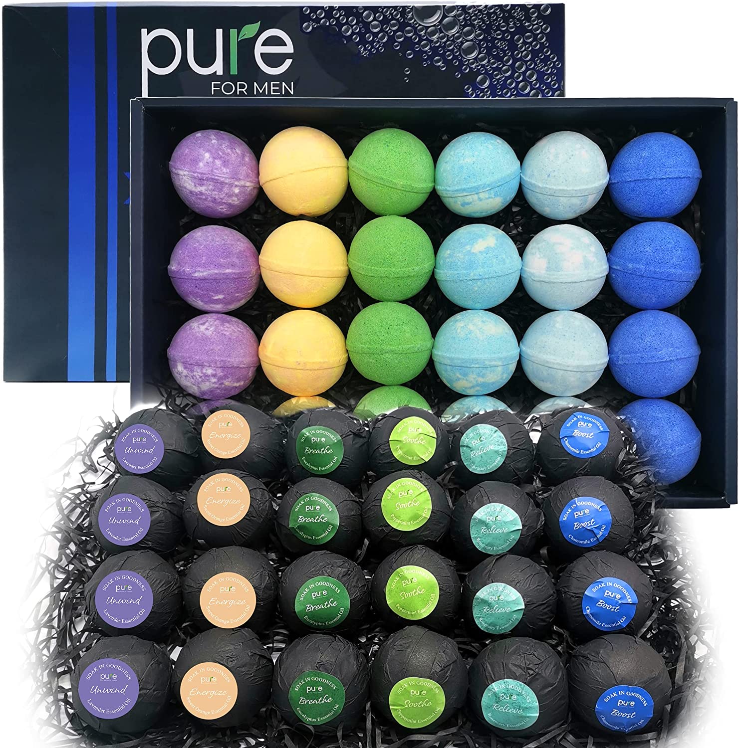 Men's Bath Bombs Gift Set. 24 Therapeutic Shea Bath Bombs. Moisturizing & Essential Oils. 6-Scent Pack