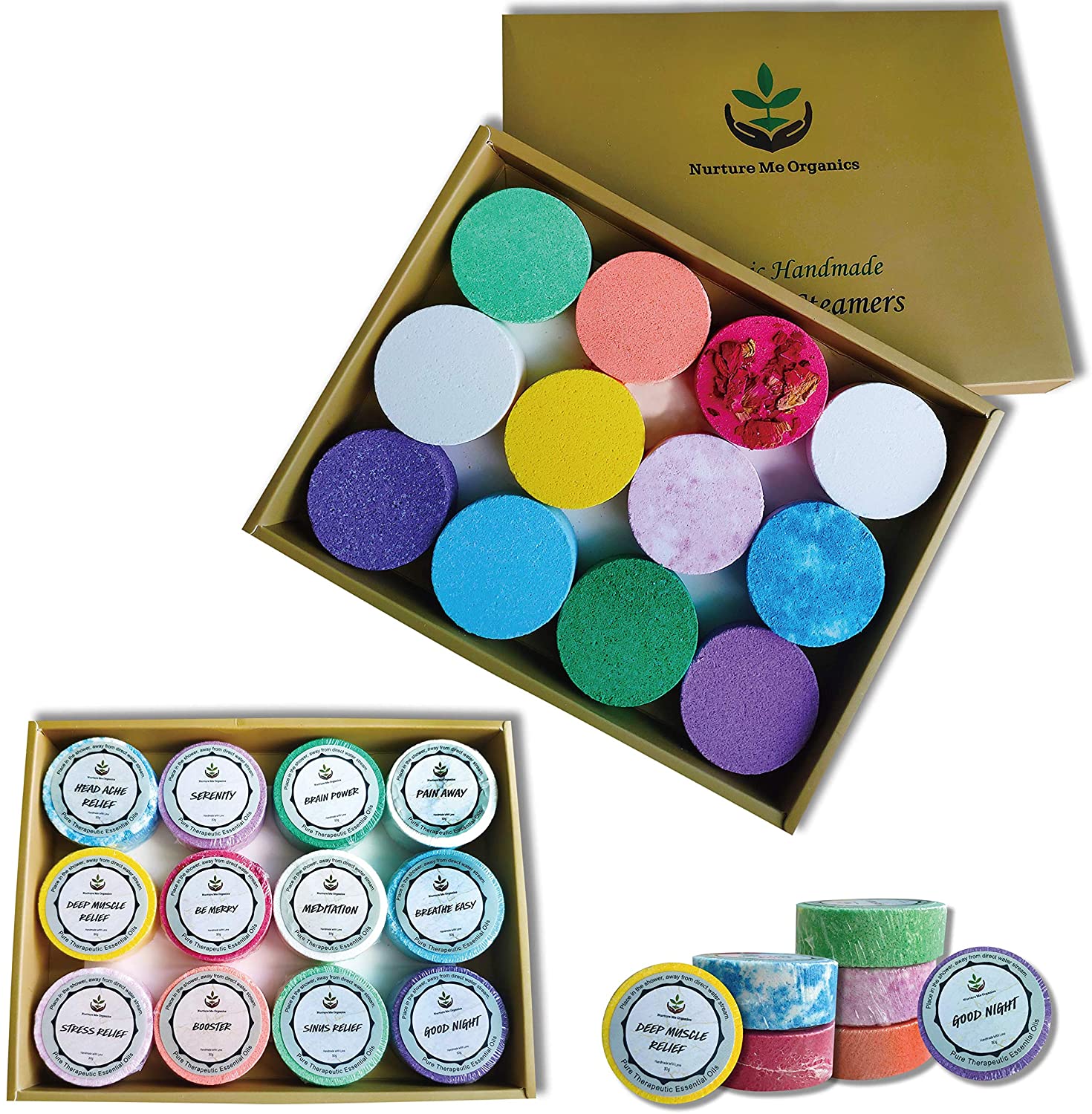 Aromatherapy Shower Steamers Gift Set with 12 Essential Oils Organic by Nurture Me