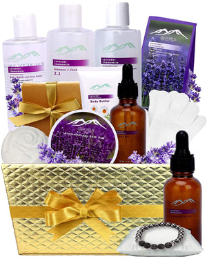 Lavender Chamomile 12-Piece Spa Gift Basket with Aromatherapy Lava Bracelet