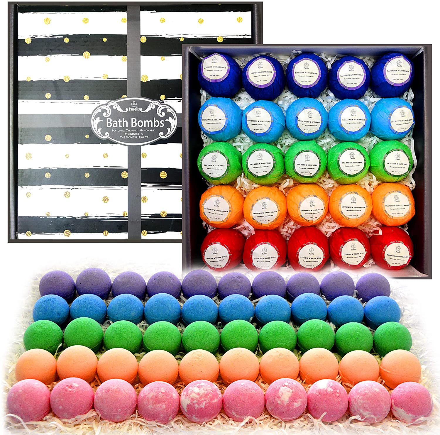 Purelis Relaxing Bath Bombs for Men & Women! 50 Bath Bombs Individually Wrapped. Natural, with Essential Oil