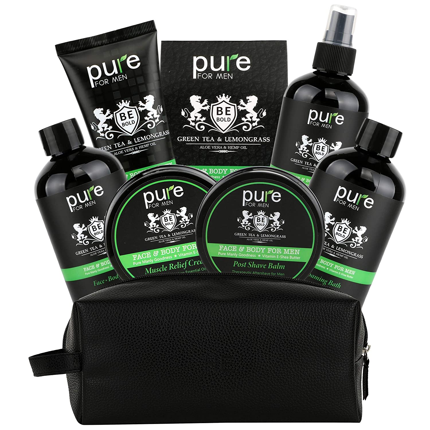 Christmas Men's Luxury Green Tea & Lemongrass Bath & Body Shaving Kit and Bath Gift Set in Leather Tote