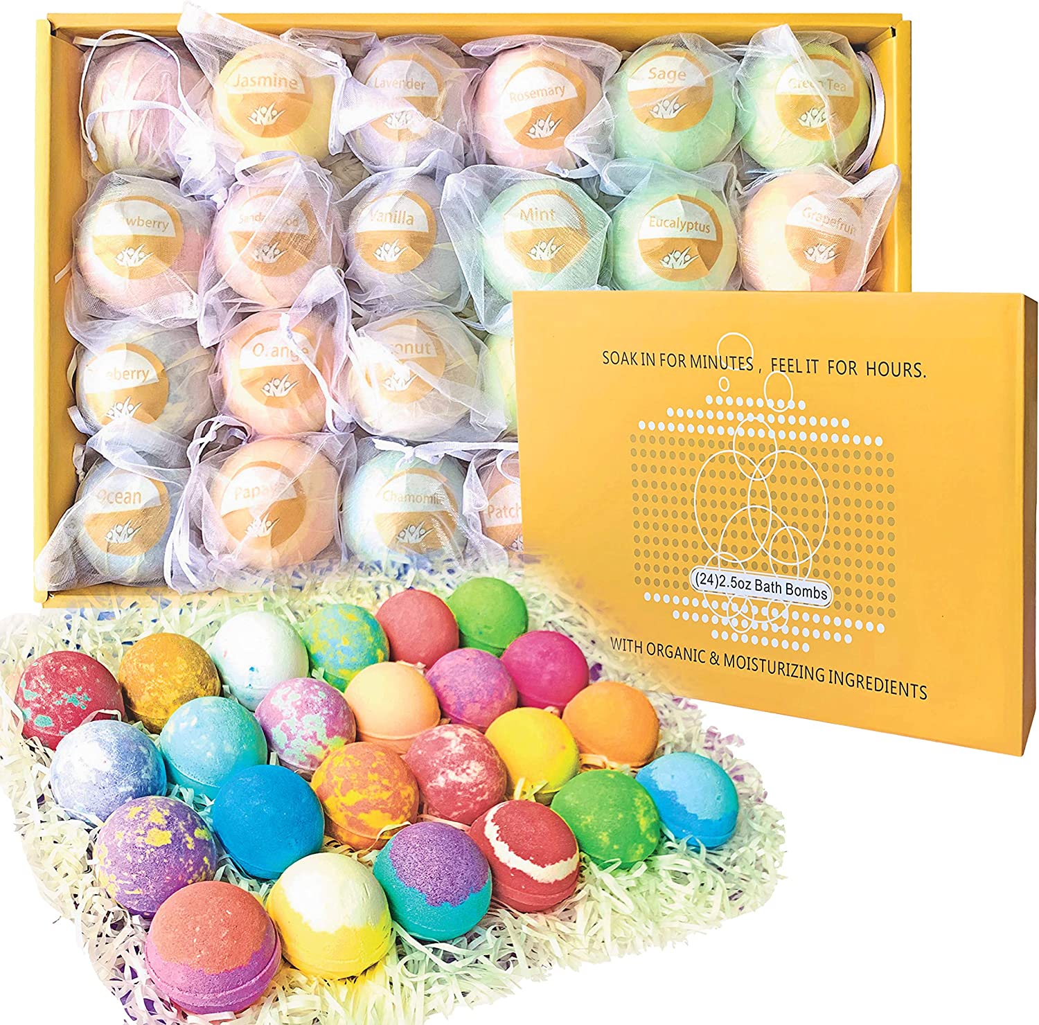 Bath Bombs Gift Set. 24 Individually Wrapped Natural Bath Bombs Fizzers in Drawstring Bags.