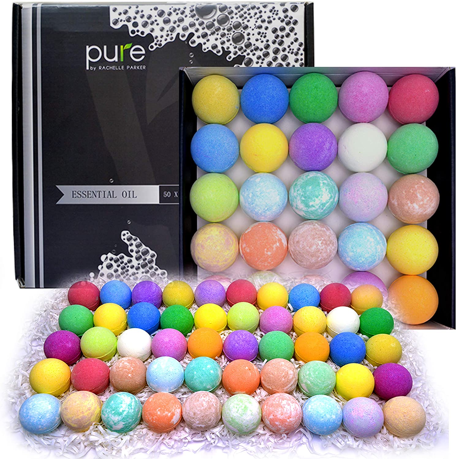 PURE 50 Natural Bath Bombs Gift Set. Essential Oils, Moisturizing, Sulfate Free