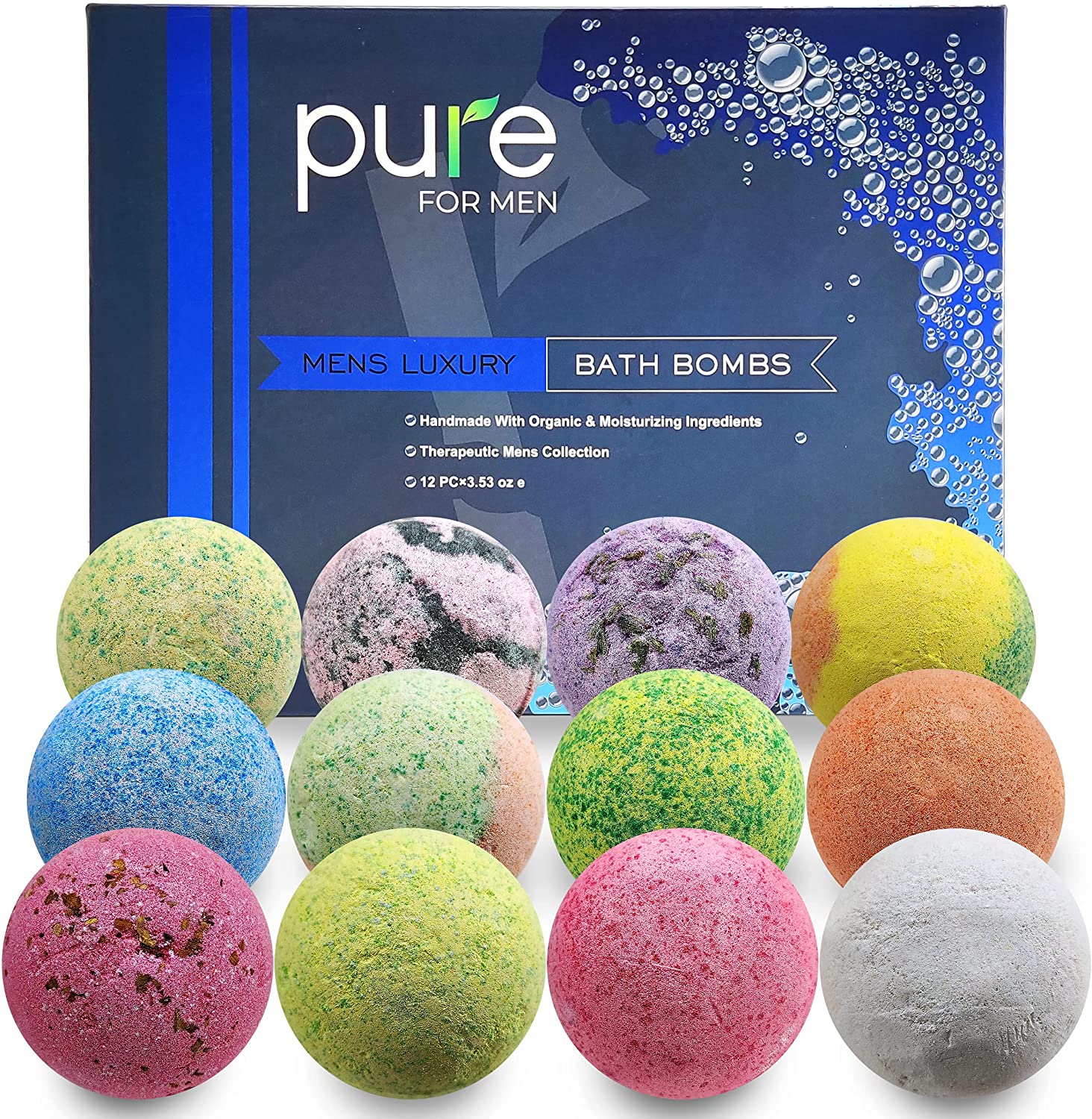 Men's Pure Bath Bomb Gift Set. 12 Individually Wrapped. with Essential Oil, Shea Butter. Sulfate & Paraben Free!