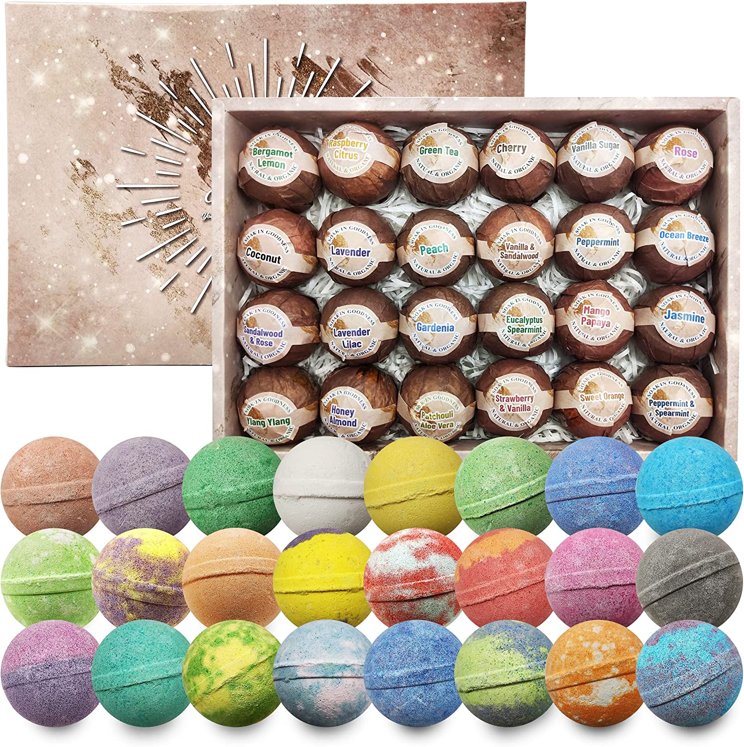 Purelis Bath Bombs 24 Pack. Natural Moisturizing Refreshing Ingredients Essential Oil Bath Bombs Gift Set